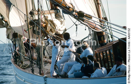 Manoeuvre à bord du voilier Altaïr lors de la Nioulargue . - © Philip Plisson / Plisson La Trinité / AA00152 - Nos reportages photos - Goélette [Yachting]