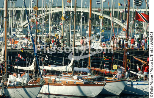 Bateaux à quai décorés de pavois pour la fête du 15 août (La Trinité sur mer). - © Philip Plisson / Plisson La Trinité / AA00608 - Nos reportages photos - Termes divers
