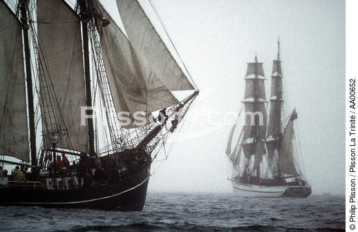 Goélette au premier plan, grand voilier en arrière plan. - © Philip Plisson / Plisson La Trinité / AA00652 - Nos reportages photos - Voilier