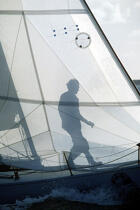 Ombre d'un équipier sur la voile. © Philip Plisson / Plisson La Trinité / AA00777 - Nos reportages photos - Voile