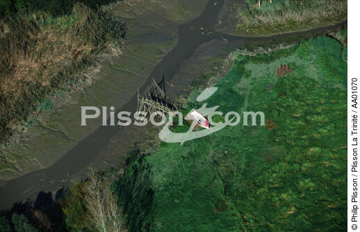 Vue aérienne d'une barque, marée basse. - © Philip Plisson / Plisson La Trinité / AA01070 - Photo Galleries - Low tide