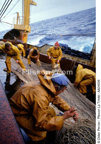 Les pêcheurs réparent le filet. - © Didier Perron / Plisson La Trinité / AA04009 - Nos reportages photos - Grande pêche