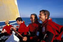 Eric Tabarly, Alain Thébault and Jean Le Cam on Hydroptère © Philip Plisson / Plisson La Trinité / AA04239 - Photo Galleries - Boat