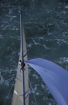 Equipier en haut du mât. © Philip Plisson / Plisson La Trinité / AA05470 - Photo Galleries - Traditional sailing