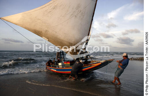 Retour d'une Jangada sur une plage brésilienne. - © Philip Plisson / Plisson La Trinité / AA09926 - Nos reportages photos - Etat [Brésil]