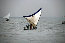 Pêche à bord des Jangadas. © Philip Plisson / Plisson La Trinité / AA10159 - Nos reportages photos - Ciel gris