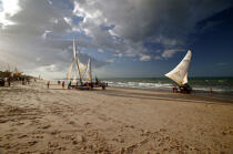 Jangadas sur une plage brésilienne. © Philip Plisson / Plisson La Trinité / AA10210 - Nos reportages photos - Jangada