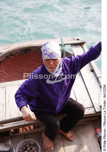 Femme dans une barque. - © Philip Plisson / Plisson La Trinité / AA12294 - Nos reportages photos - Baie d'Along