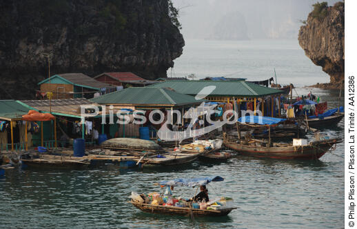 Tradesmen on boats in Along Bay - © Philip Plisson / Plisson La Trinité / AA12386 - Photo Galleries - Floating house