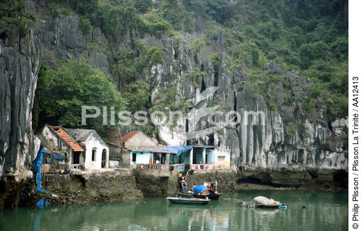 Houses in cliffs of Along Bay - © Philip Plisson / Plisson La Trinité / AA12413 - Photo Galleries - Ha Long Bay