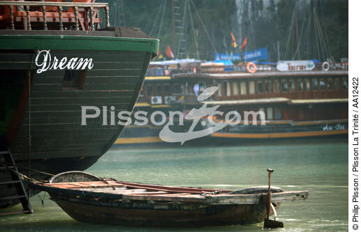 Tender to the bow of a junk in Along. - © Philip Plisson / Plisson La Trinité / AA12422 - Photo Galleries - Vietnam