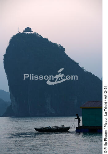 Amarrage d'une barque dans la baie d'Along - © Philip Plisson / Plisson La Trinité / AA12434 - Nos reportages photos - La Baie d'Along, Vietnam