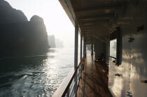Gangway of the Emeraude in front of a temple in Along Bay. © Philip Plisson / Pêcheur d’Images / AA12437 - Photo Galleries - Ha Long Bay