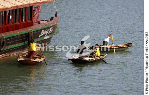Trois barques au bord d'un jonque dans le port d'Along. - © Philip Plisson / Plisson La Trinité / AA12453 - Nos reportages photos - Jonque