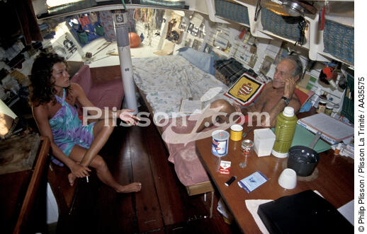 Florence Arthaud and Moitessier aboard Joshua - © Philip Plisson / Plisson La Trinité / AA35575 - Photo Galleries - Sailing Race