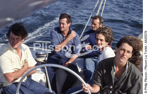 Florence Arthaud, Eric Tabarly, olive Kersauzon and Patrick Morvan aboard Jet Service [AT] - © Philip Plisson / Plisson La Trinité / AA35576 - Photo Galleries - Personality